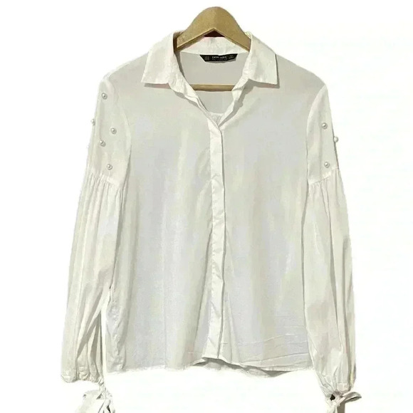 Zara Blouse Women’s Medium Ivory Sheer Long Sleeve Button-Up Pearl Embellished - Picture 1 of 10